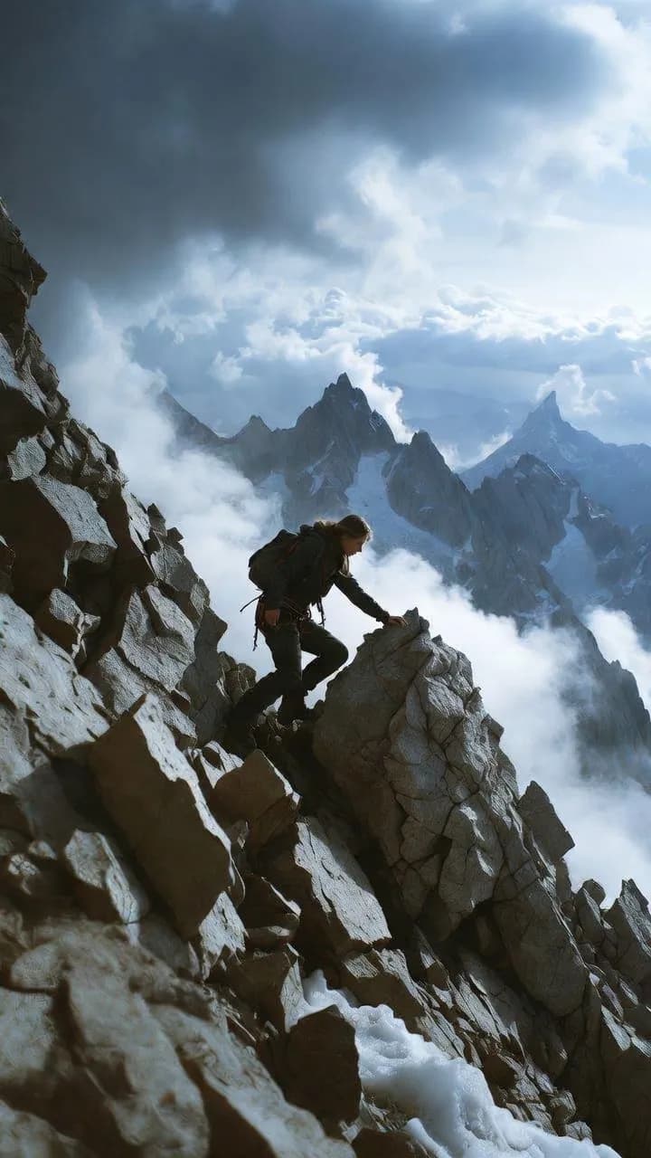 Bergsteiger auf einem felsigen Grat über den Wolken