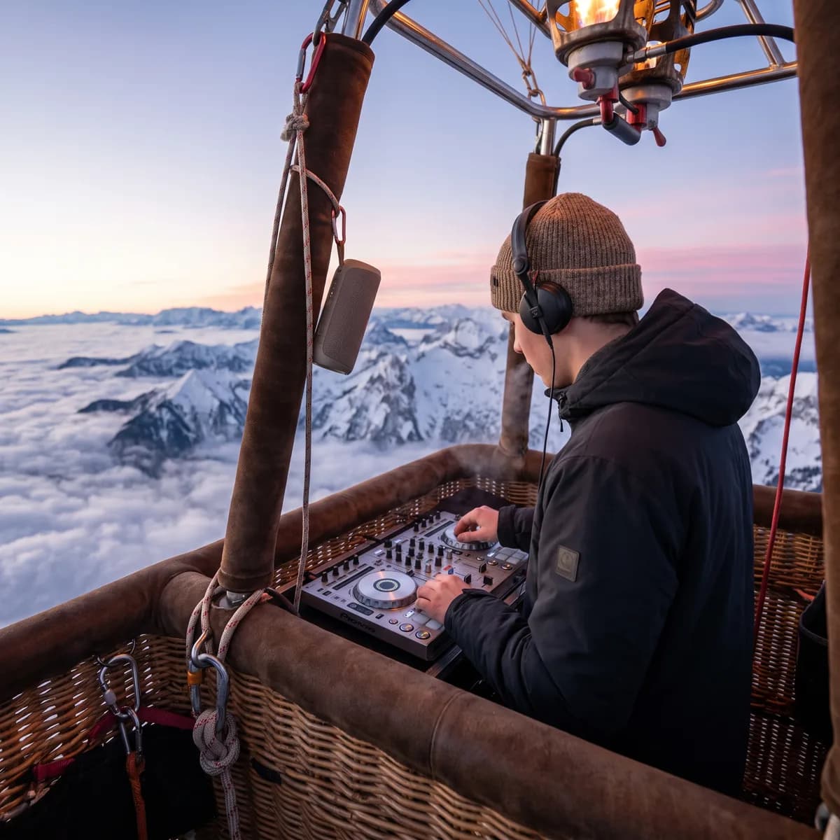 DJ mit Kopfhörern am Mischpult im Korb eines Heissluftballons über den Alpen