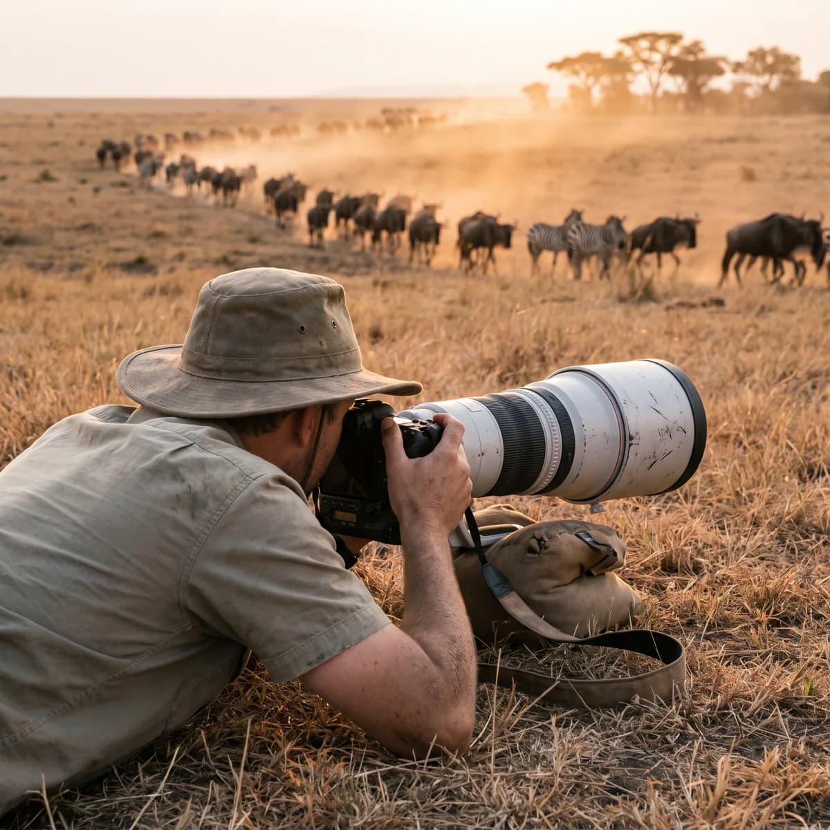Fotograf liegt mit Teleobjektiv im Gras, dahinter ziehen Gnus und Zebras