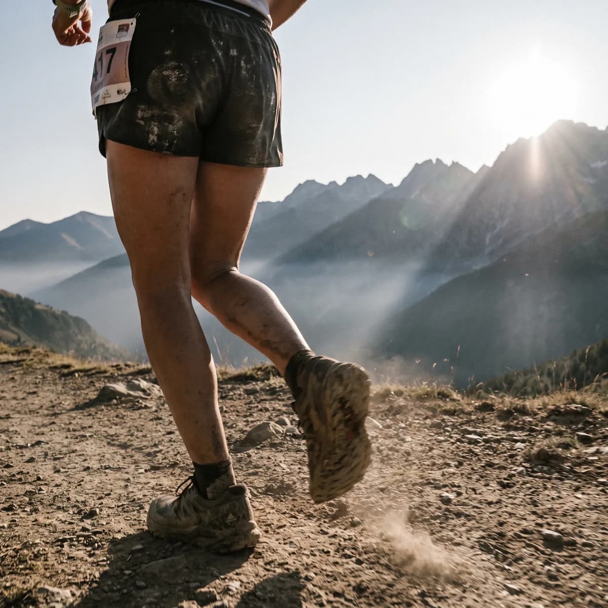 Trailläuferin mit Startnummer auf einem staubigen Bergpfad im Gegenlicht