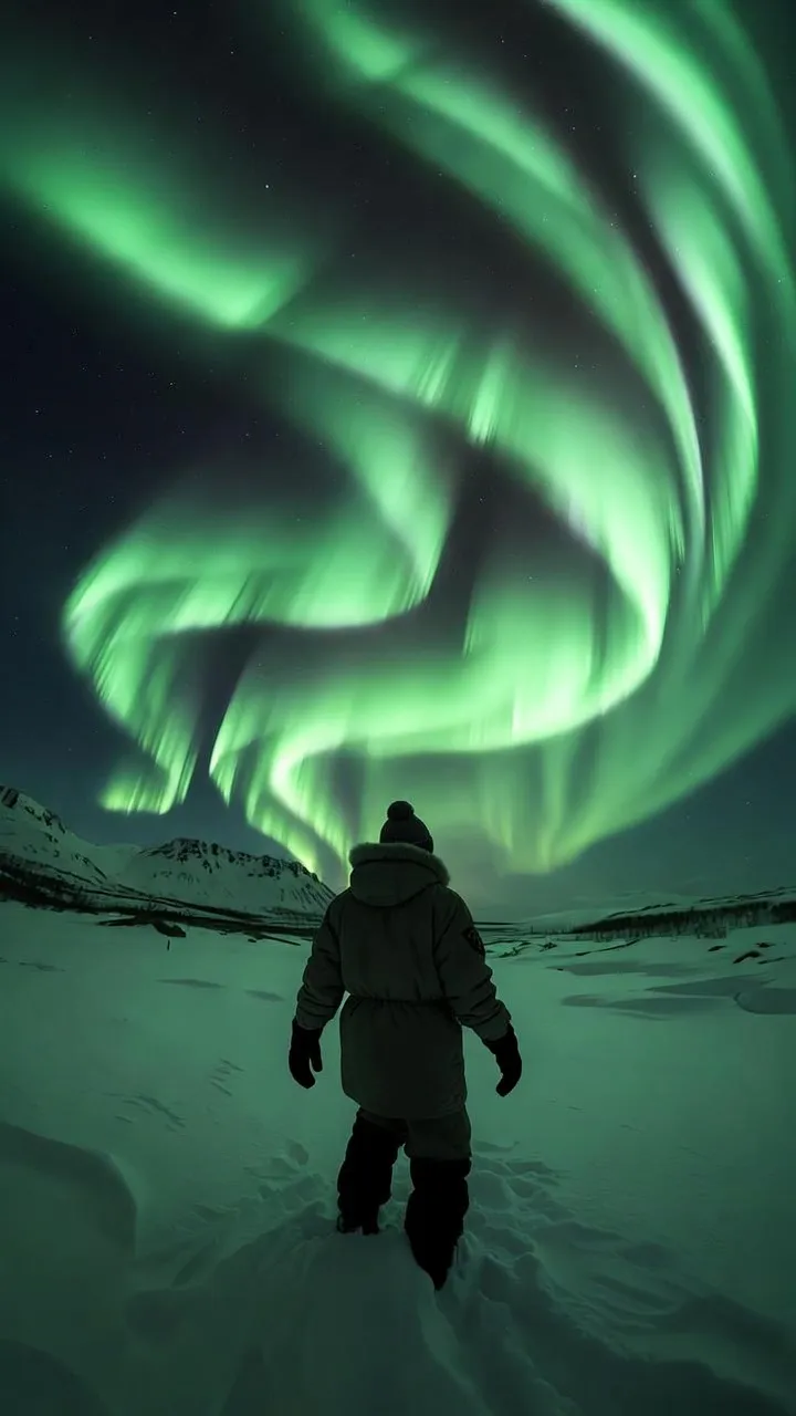 Eine Person unter Nordlichtern im Schnee